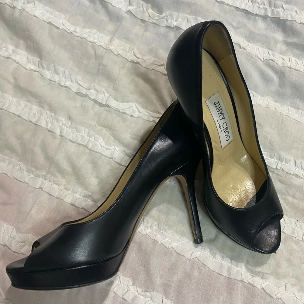 Jimmy Choo - Pump, Black Leather, Platform, Peep Toe, High Heel Women’s Size 35